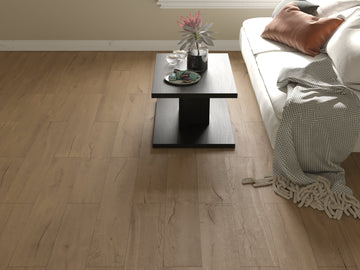 Natural wood effect tile for floor and wall, DIAMOND HONEY, 20x120 cm, in a stylish living room.