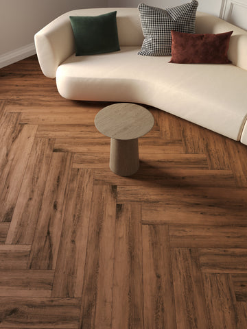Carrelage sol/mur effet bois naturel Mat HARDY NOGAL, 15x60 cm, ambiance salon élégant.
