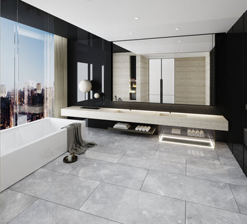Carrelage sol/mur effet marbre PULPIS GREY l.60 x L.120 cm dans une salle de bain moderne.