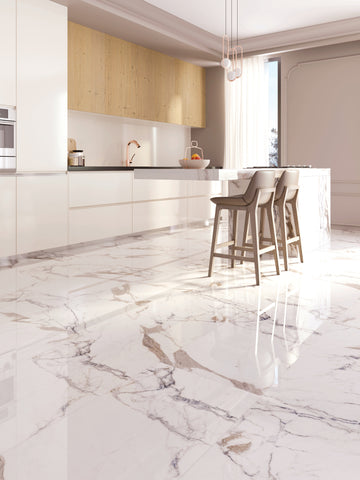Carrelage sol/mur effet marbre Full Lappato PAONAZZO BRILLANT, dimensions l.60 x L.120 cm, installé dans une cuisine élégante.