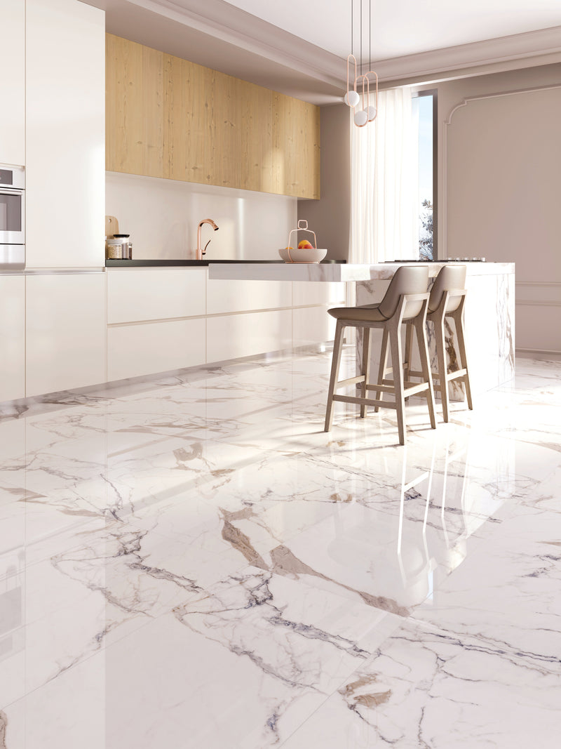 Carrelage sol/mur effet marbre Full Lappato PAONAZZO BRILLANT, dimensions l.60 x L.120 cm, installé dans une cuisine élégante.