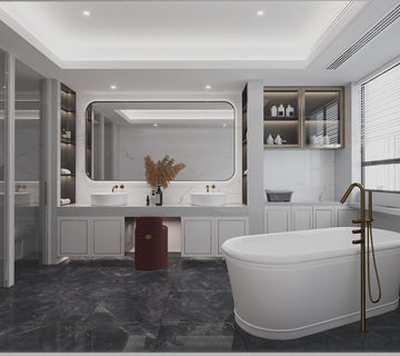 Carrelage sol/mur effet marbre PULPIS NERO dans une salle de bain moderne et élégante.