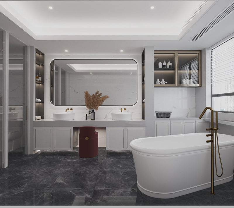 Carrelage sol/mur effet marbre PULPIS NERO dans une salle de bain moderne et élégante.