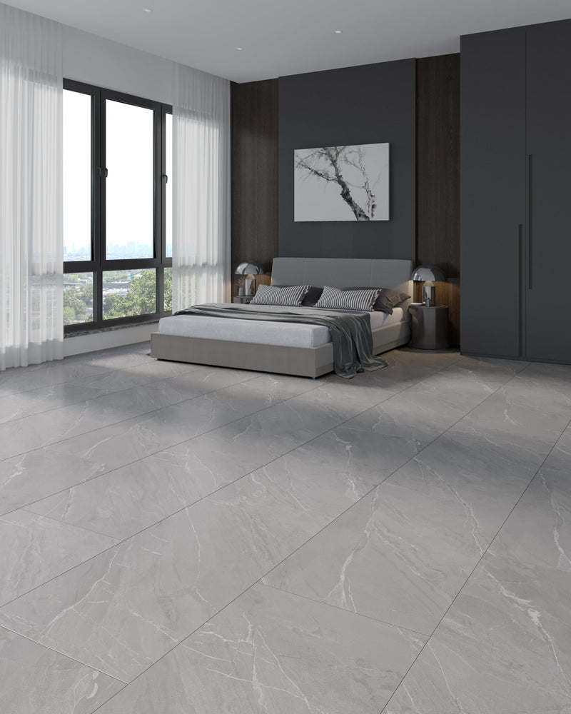 Carrelage sol/mur effet marbre Mat LAGOM GREY dans une chambre moderne avec vue panoramique.