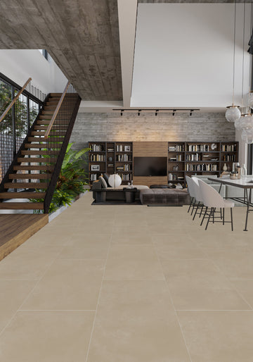 Carrelage sol/mur effet béton Mat Luna Sand l.60 x L.120 cm dans un intérieur moderne et élégant.