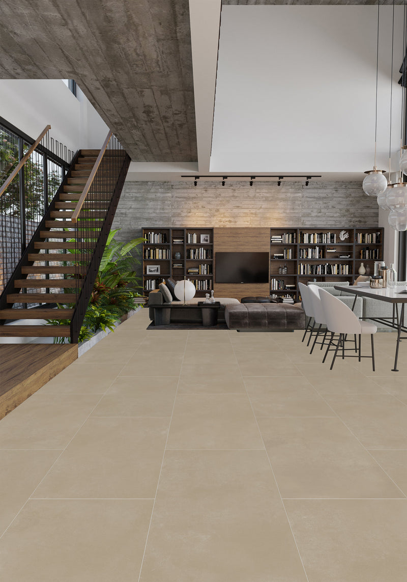 Carrelage sol/mur effet béton Mat Luna Sand l.60 x L.120 cm dans un intérieur moderne et élégant.