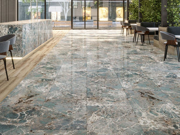 Floor and wall marble effect tiles Full Lappato FIROZA 60x120 cm LIMCARO in a modern interior.
