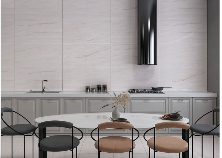 Carrelage sol/mur effet marbre Full Lappato PEARL 60x120 cm in modern kitchen setting.