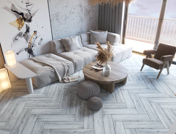 Carrelage sol/mur effet bois naturel Mat HARDY GREY, 15x60 cm, salon moderne.
