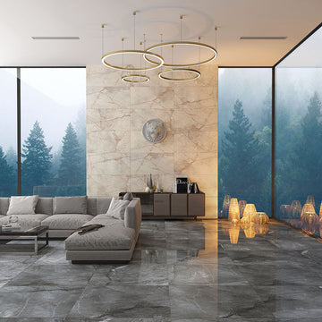Carrelage sol/mur effet marbre gris ROOT SILVER, dimensions 60x120 cm, Full Lappato finish, contemporary living room setting.
