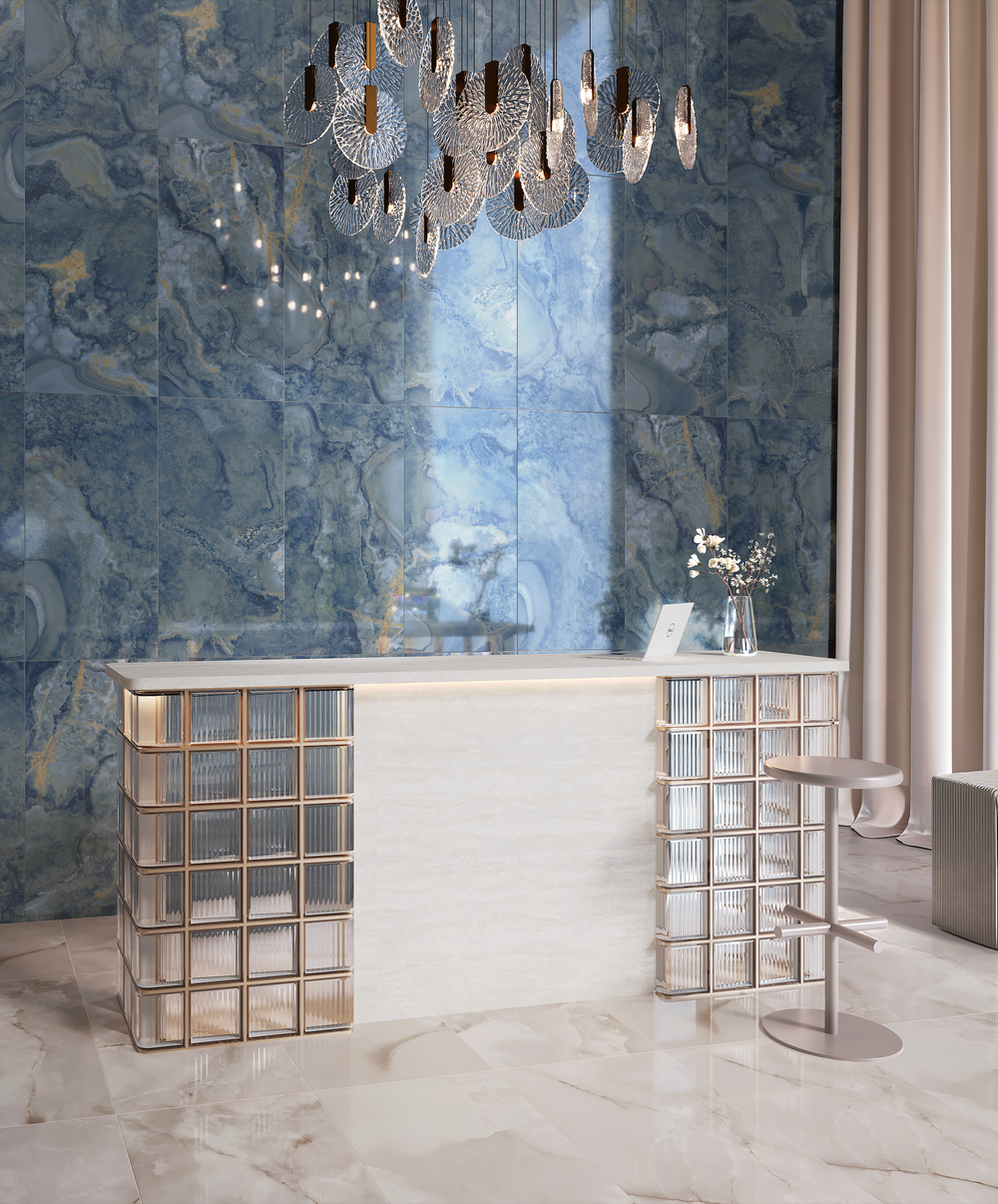 Carrelage sol / mur effet marbre ONI POLISHED BLUE l.60X L.120 cm Brillant LIMCARO